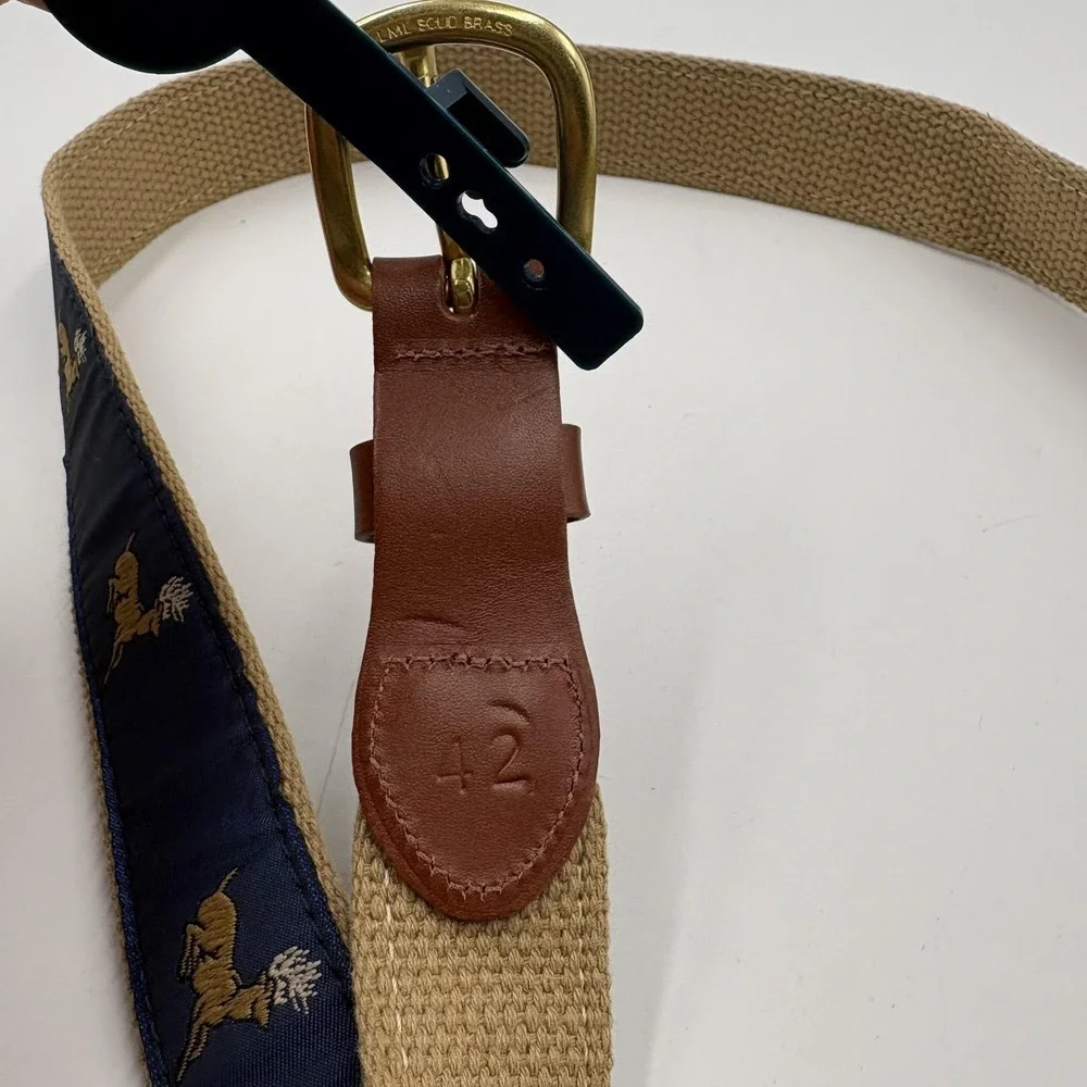 Leather Man Ltd. Ribbon Belt Mens‎ 42 Blue Deer Embroidered Brass Buckle Golf
